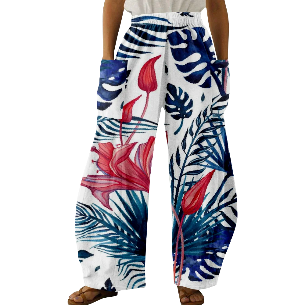 Spring Stylish Plant Print Pants Summer Oversized Girls Y2K Trousers Women Pocket Trousers Wide Leg Pants Elegant Pantalon