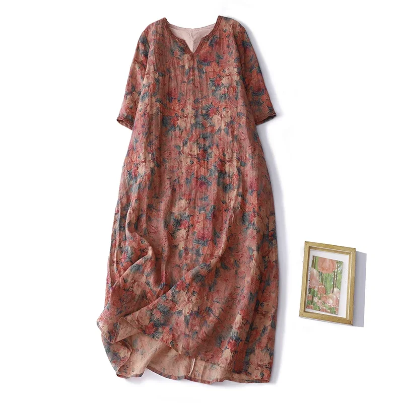 

Print V-Neck Dress Female Summer New Literary Bohemian Vacation Wind In The Long Paragraph Loose Casual Cotton Linen Dress zq41