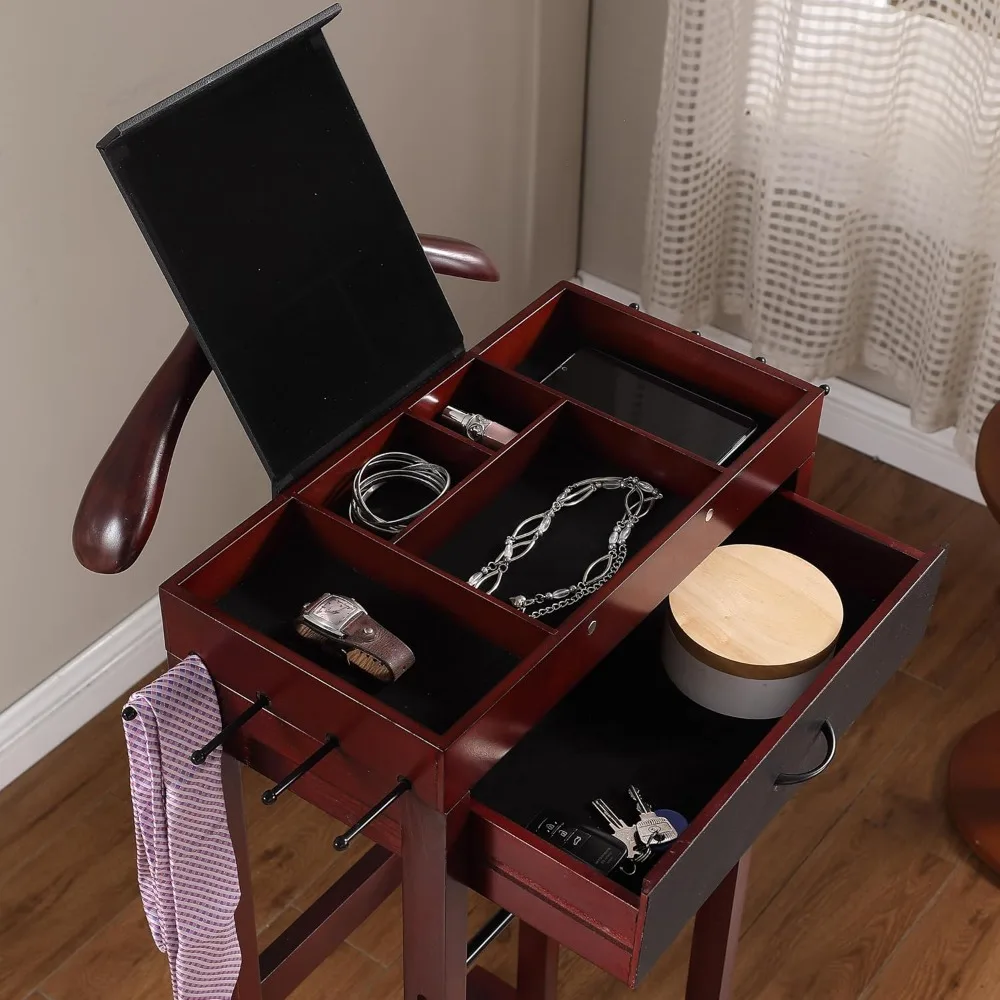 winston freestanding wooden clothes valet stand organizer with hanger, pant rod, drawer, tie hook, tray, shoe rack for men and