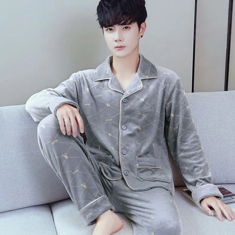 Coral Fleece Sleepwear Long Sleeve Cardigan Pants Men Pajama Sets Warm Flannel Pajamas Loungewear Autumn Winter Nightwear