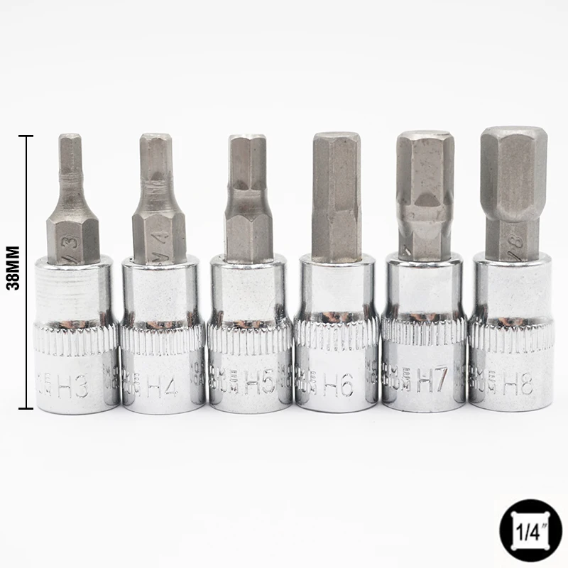 6pcs 1/4 Inch Hex Bit Socket Set  Allen Key Spline Bits H3 H4 H5 H6 H7 H8 Ratchet Socket Wrench Adapter Head for Torque Spanner