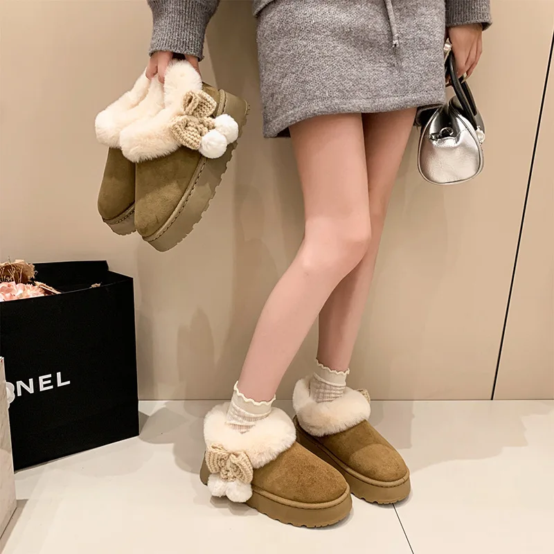 Sweet Fur Ball Bowknot Fluffy Snow Boots Women Winter Thicken Warm Plush Cotton Shoes Woman Faux Fur Platform Ankle Botas Mujer