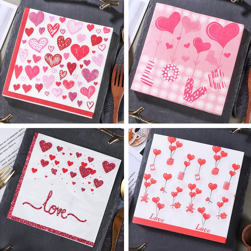 Lover Heart Rose Printed Paper Disposable Wedding Handkerchief Tableware Napkin Tissues 20Pcs/pack Party Decoration
