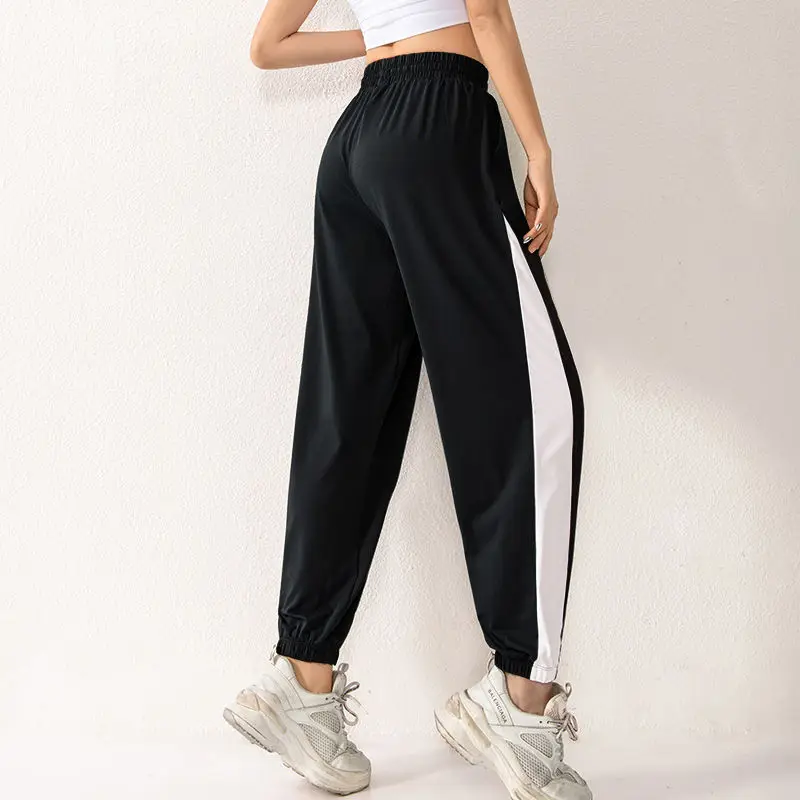 Color Matching Sports Pants Women Training Quick Dry Outdoor Running Fashion Casual Loose Elastic High Waist Lace Up Trousers