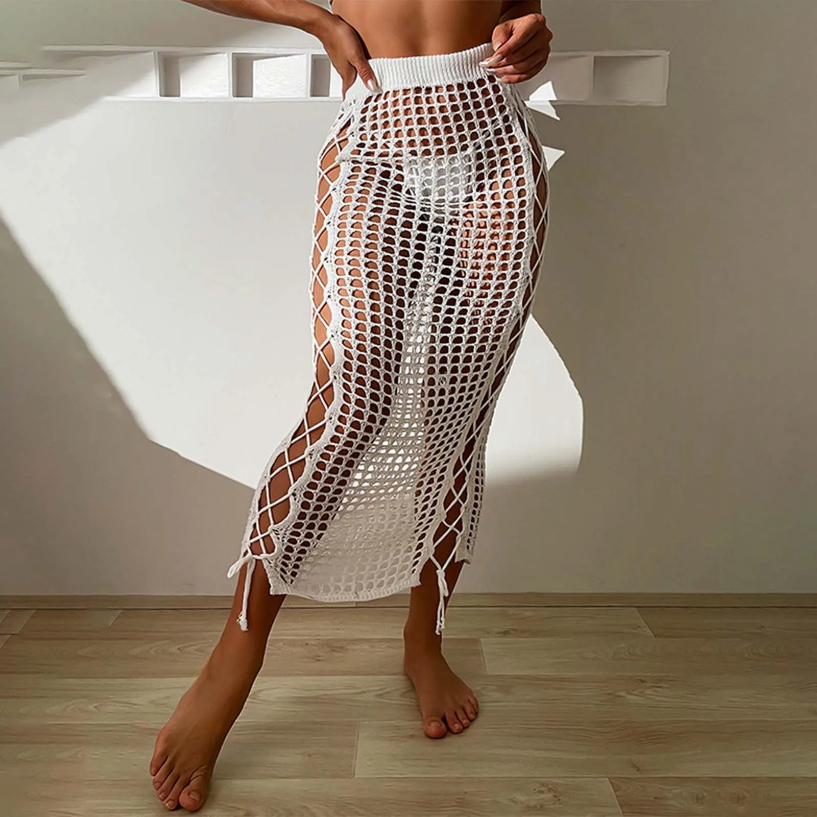 

Женская сексуальная прозрачная трикотажная юбка макси однотонного цвета на шнуровке сбоку, пляжная юбка для отпуска, юбка средней длины для женщин