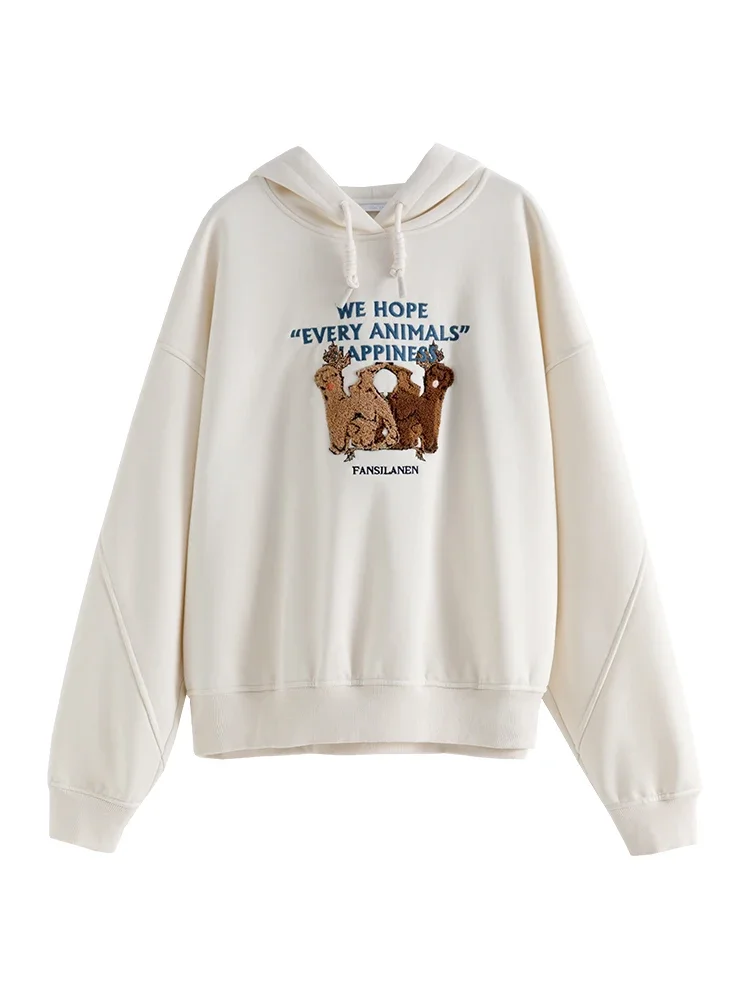 FSLE 여성용 올 매치 두꺼운 후드 맨투맨, 입체 칫솔 자수 풀오버, 2023 겨울 신상