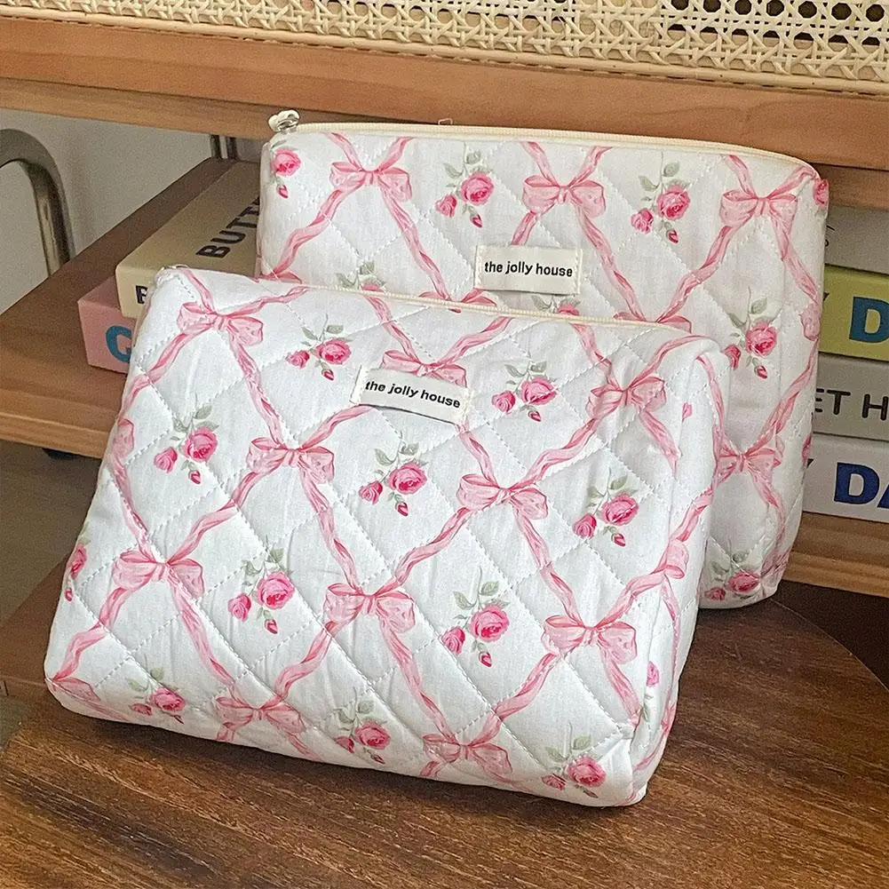 Women Cute Bow Flower Zipper Quilting Cotton Makeup Bag