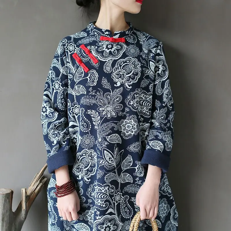 

2024 autumn and winter retro cotton and linen dress long ethnic style improved qipao skirt button long sleeves printed robe