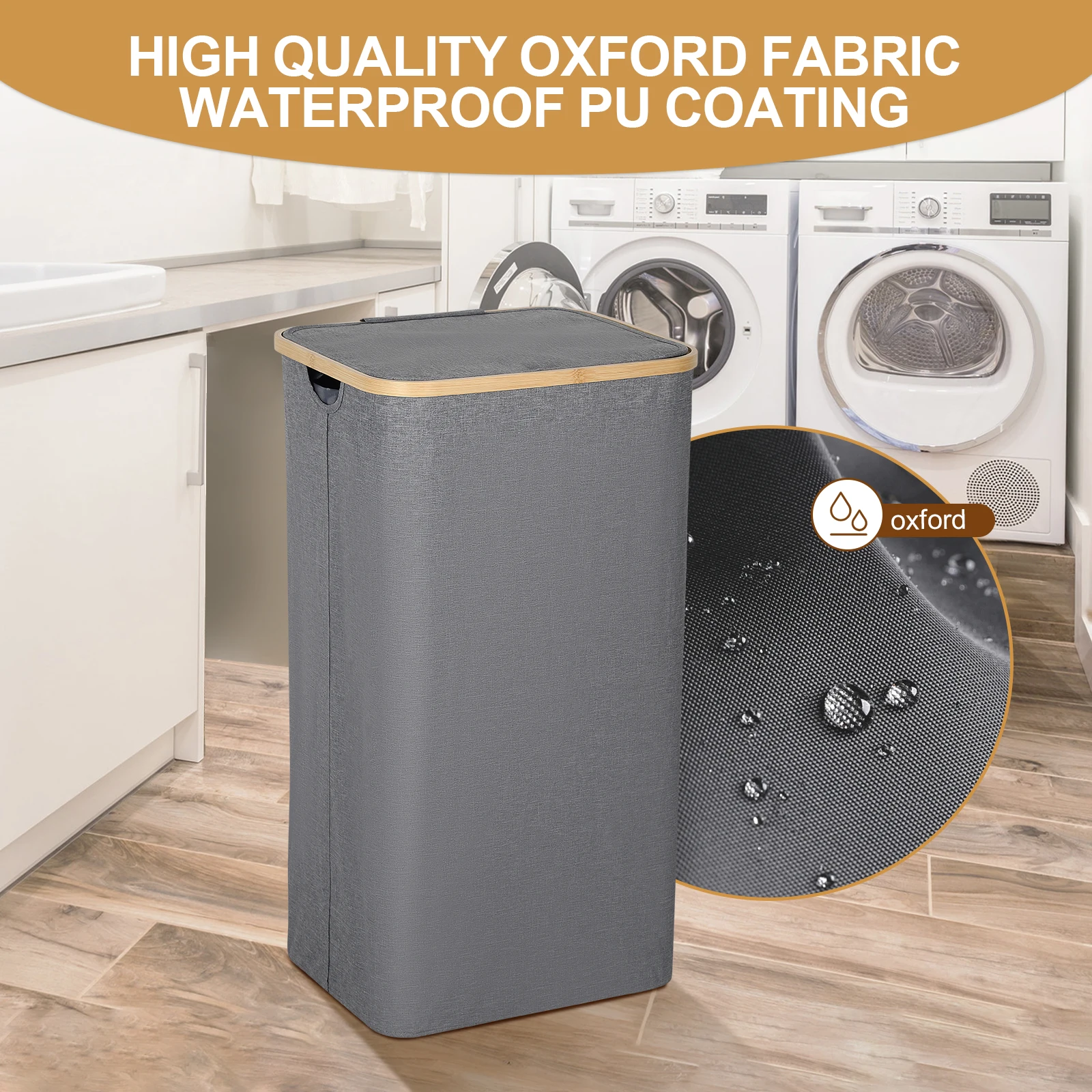 Laundry Basket With Lid, 105 L, Foldable 600D Oxford Fabric With Removable Laundry Bag, Bamboo Laundry Box, Laundry Sorter 4