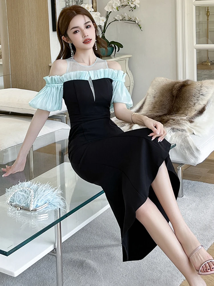 Robe Maxi Transparente à Volants et Panneaux Transparents pour