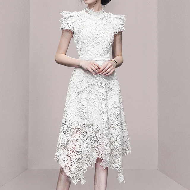 New Fashion Women Stand Collar White Lace Dress High Quality 