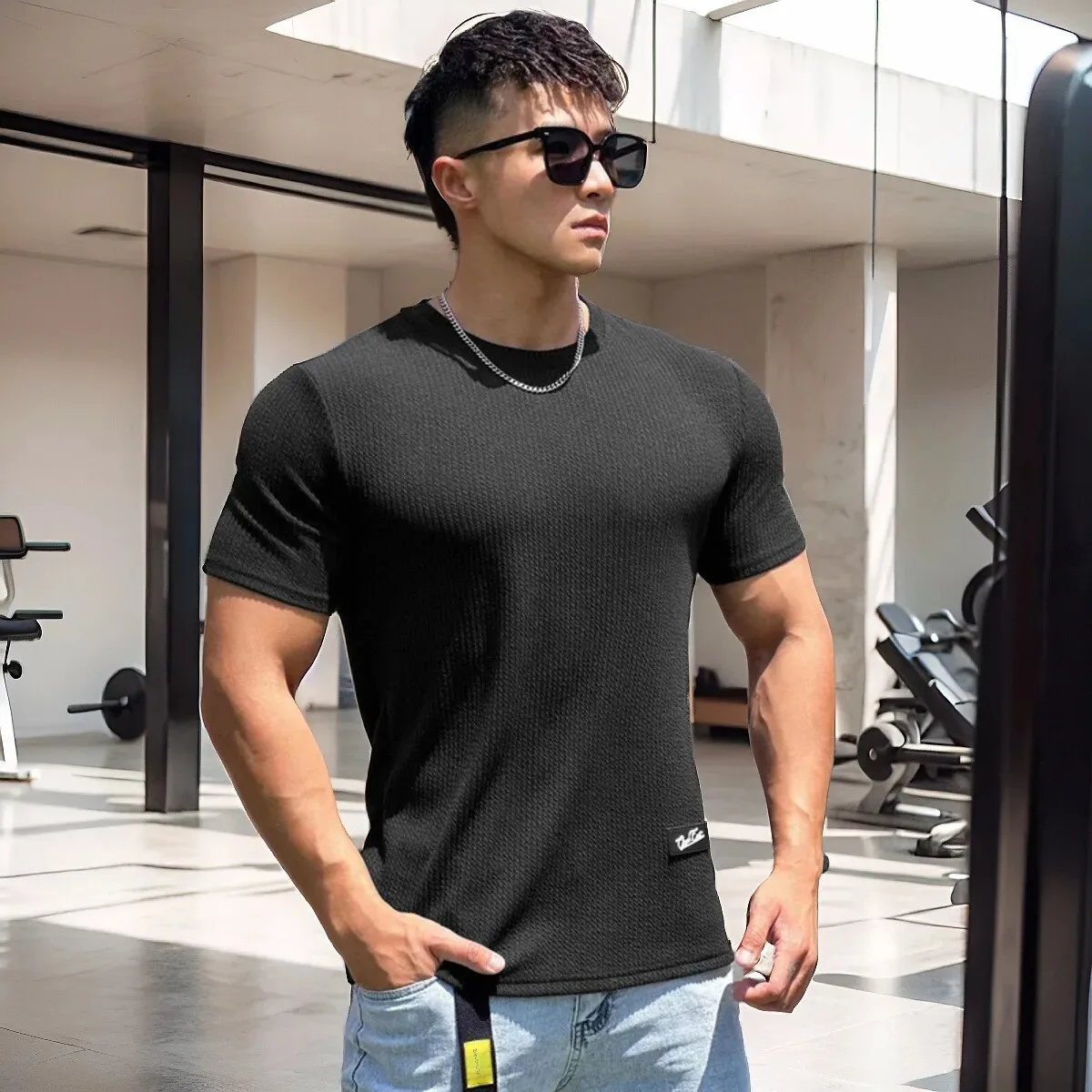 MB Summer New Fashion Snake Pattern Base Shirt Short Sleeve round Neck T-Shirt Men's Sport Fitness Top Overhead Style