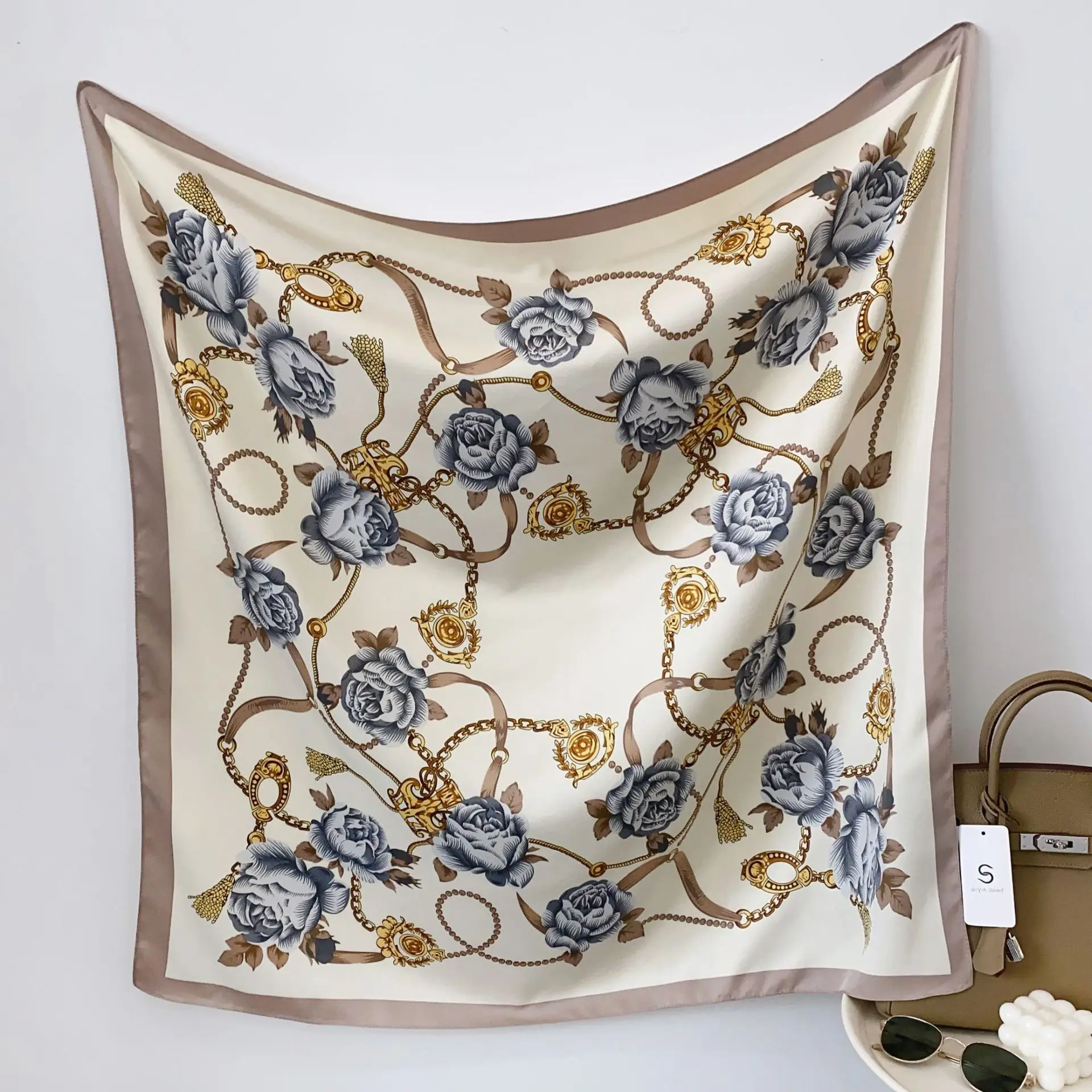 NEW Design Flower Twill Silk Women Scarf Sunscreen Foulard Shawl Hijab Female Hair Hijab Wraps Neckerchief Bandanda Echarpe 2