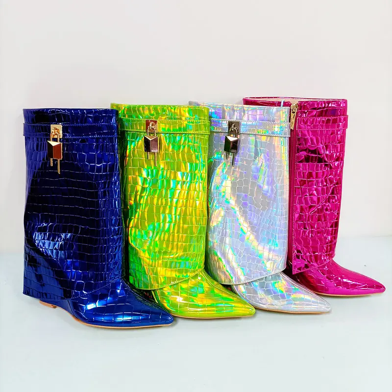 

2023 Sequined Women Boots Autumn Winter Fashion Wedges High Heel Calf Boots Western Cowboy Women's Boots Plus Size Shoes