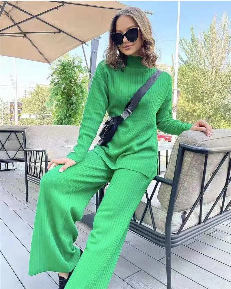 Women Spring Autumn Knitted 2 Piece Set Casual Tracksuit Long Sleeve Sweater And Wide Leg Jogging Pants Pullover Suits pant suits for older ladies