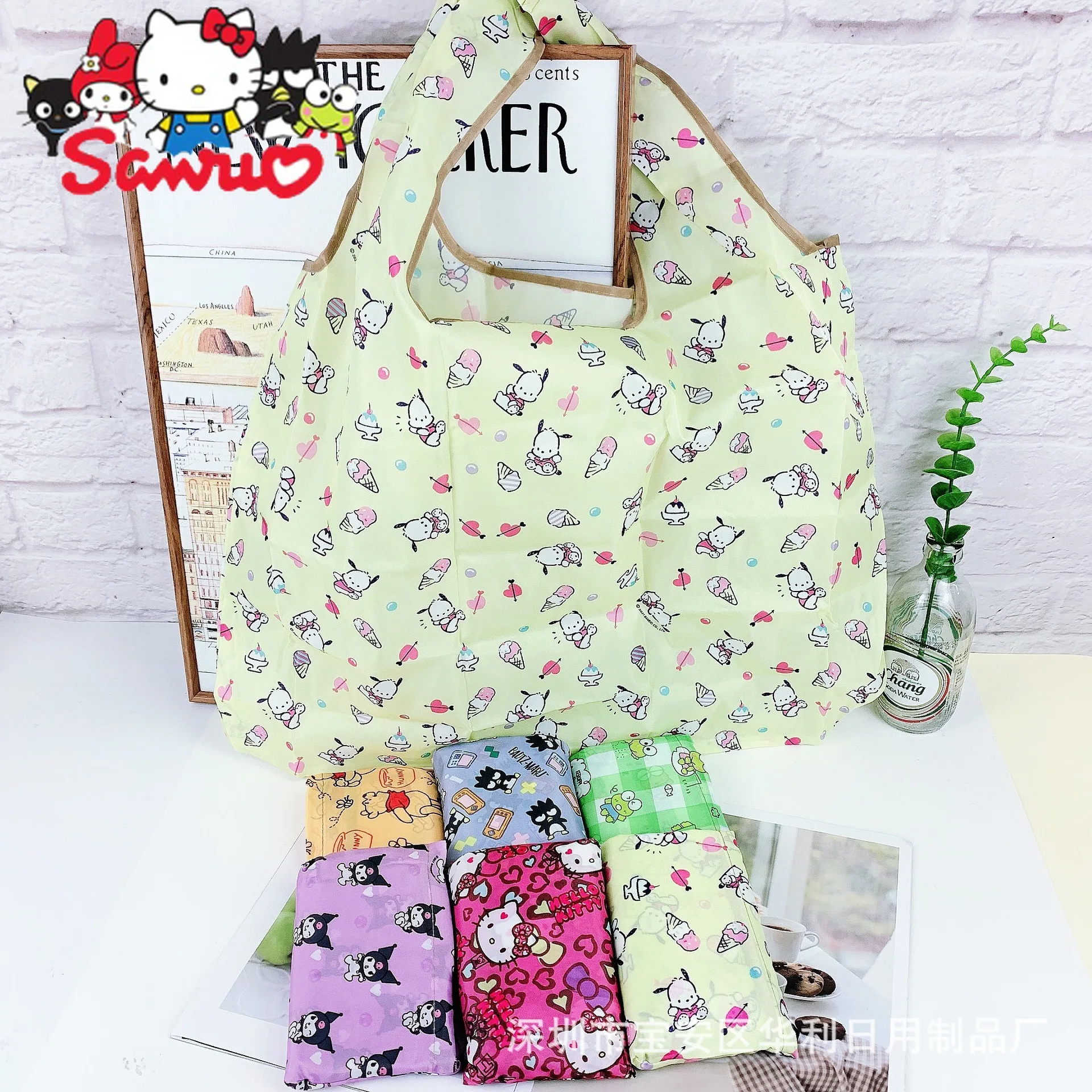 

Sanrio Kuromi Hello Kitty Melody Cinnamoroll Pochacco Cartoon 210D Folding Shopping Bag Hand-held Eco-friendly Shoulder Bag