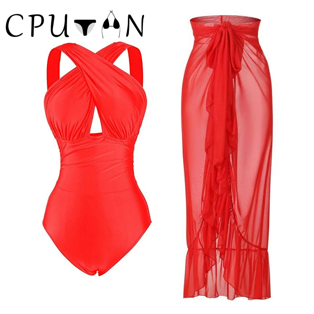 

CPUTAN 2023 Sexy Red One Piece Swimsuit Skirt Bikini Set Ruched Tummy Control Swimwear Monokini Floral Bathing Suit Beach Dress