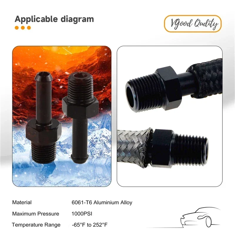 2PCS 1/8 NPT Male to AN4 Hose Barb Straight Aluminum Adapter Fitting Black