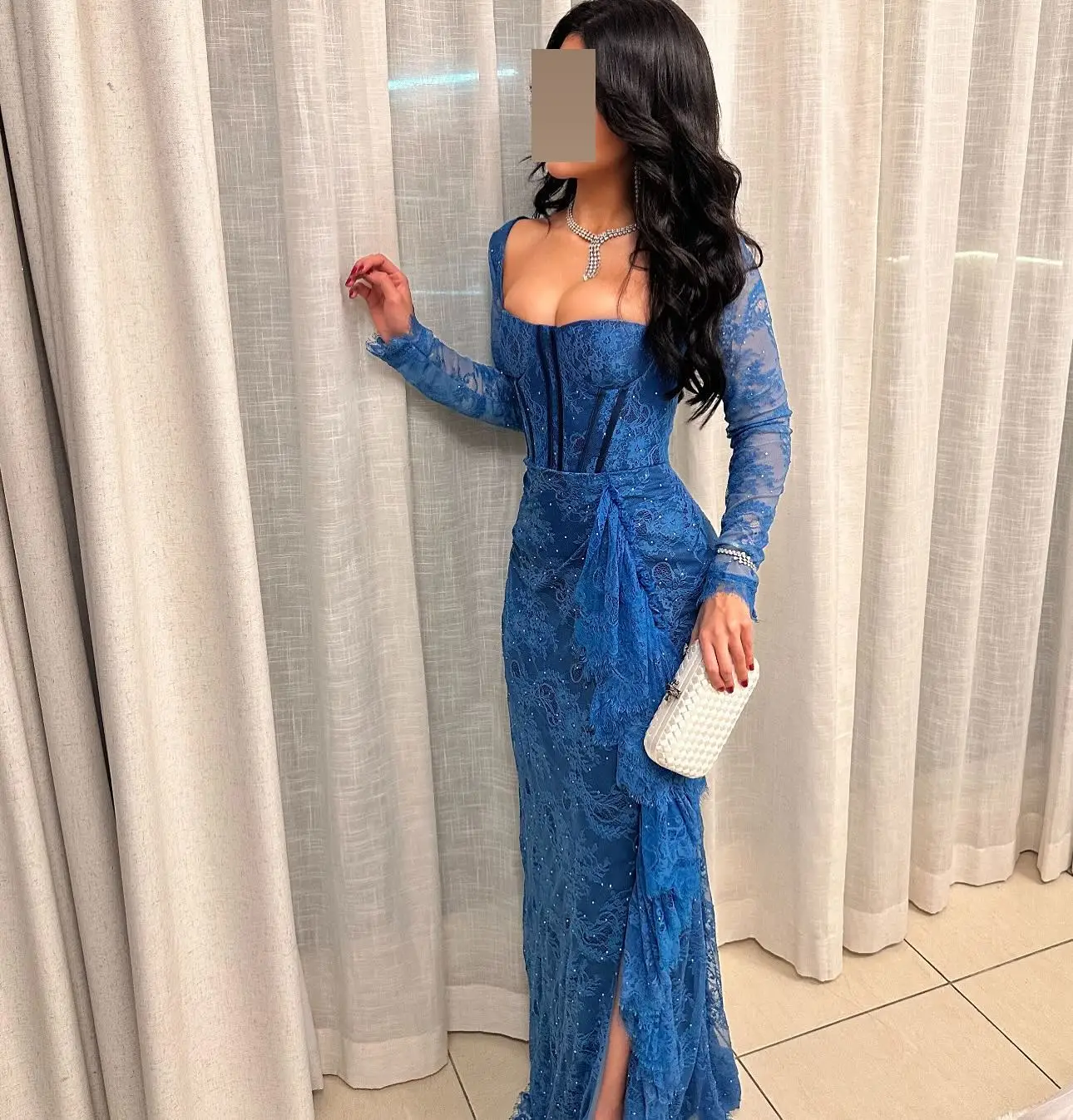 Mermaid Long Sleeves Prom Dresses Square Neck Pleated Beadings Floor Length Evening Dresses Party