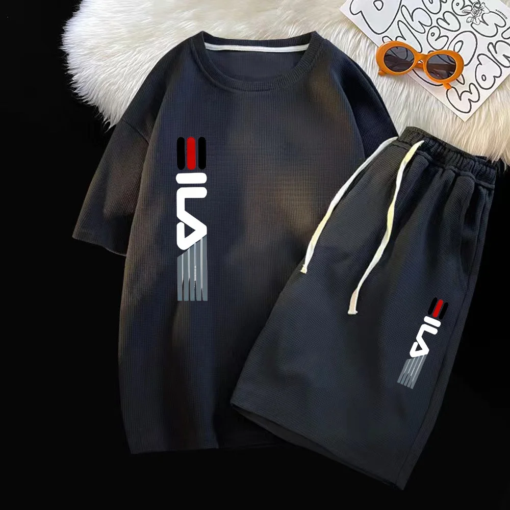 thumbnail image 1 of Conjunto de dos piezas de marca de verano con diseño de gofres para hombre, camisetas, pantalones cortos, traje deportivo, conjunto de jogging, chándal informal para hombre, conjunto masculino, 1 of 4