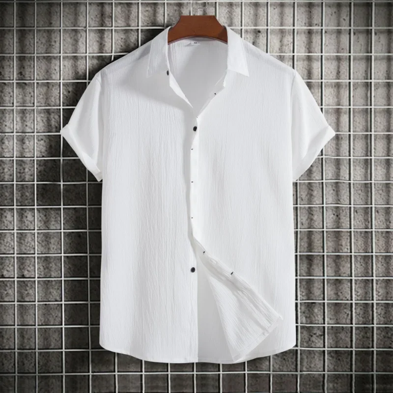 Men Clothing 2023 Summer New Men's Short Sleeve Shirt Loose Solid Button Short Sleeve Shirt