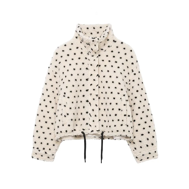Women Polka dot Fleece Warm Jacket 2025 Autumn Winter Women's Coat Long Sleeve Loose Female Streetwear Casual New Outerwear