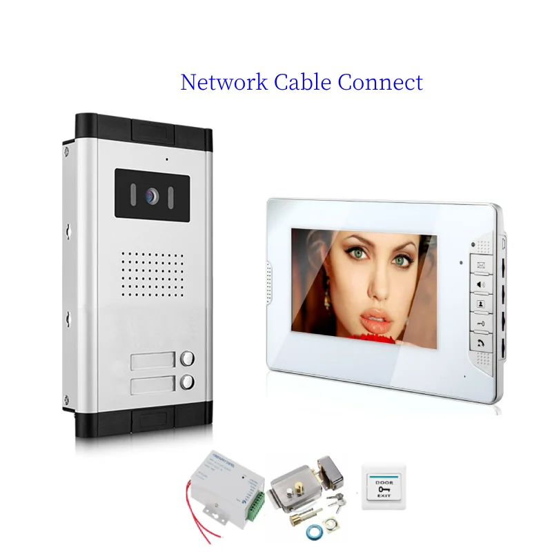 

7"Apartment Intercom Network Cable Port Connect Camera For 2 Units Rooms+Door Lock Access Kits Video Intercom System