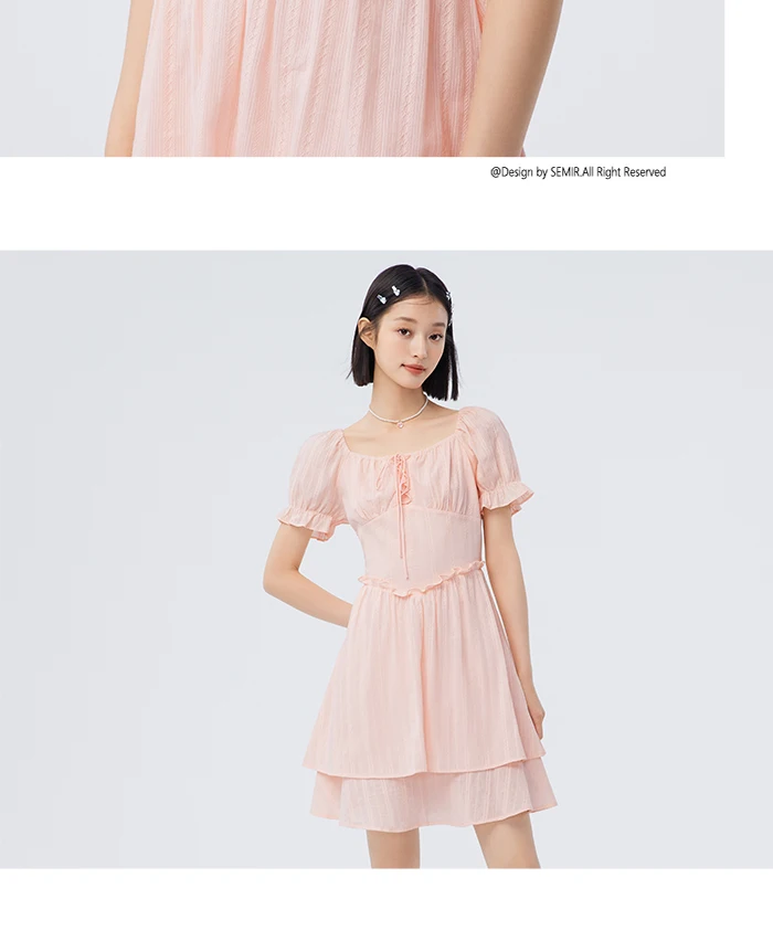 Vestido de mujer con diseño de orillo fibroso, nuevo vestido de verano retro de cuello cuadrado estilo palacio, vestido corto