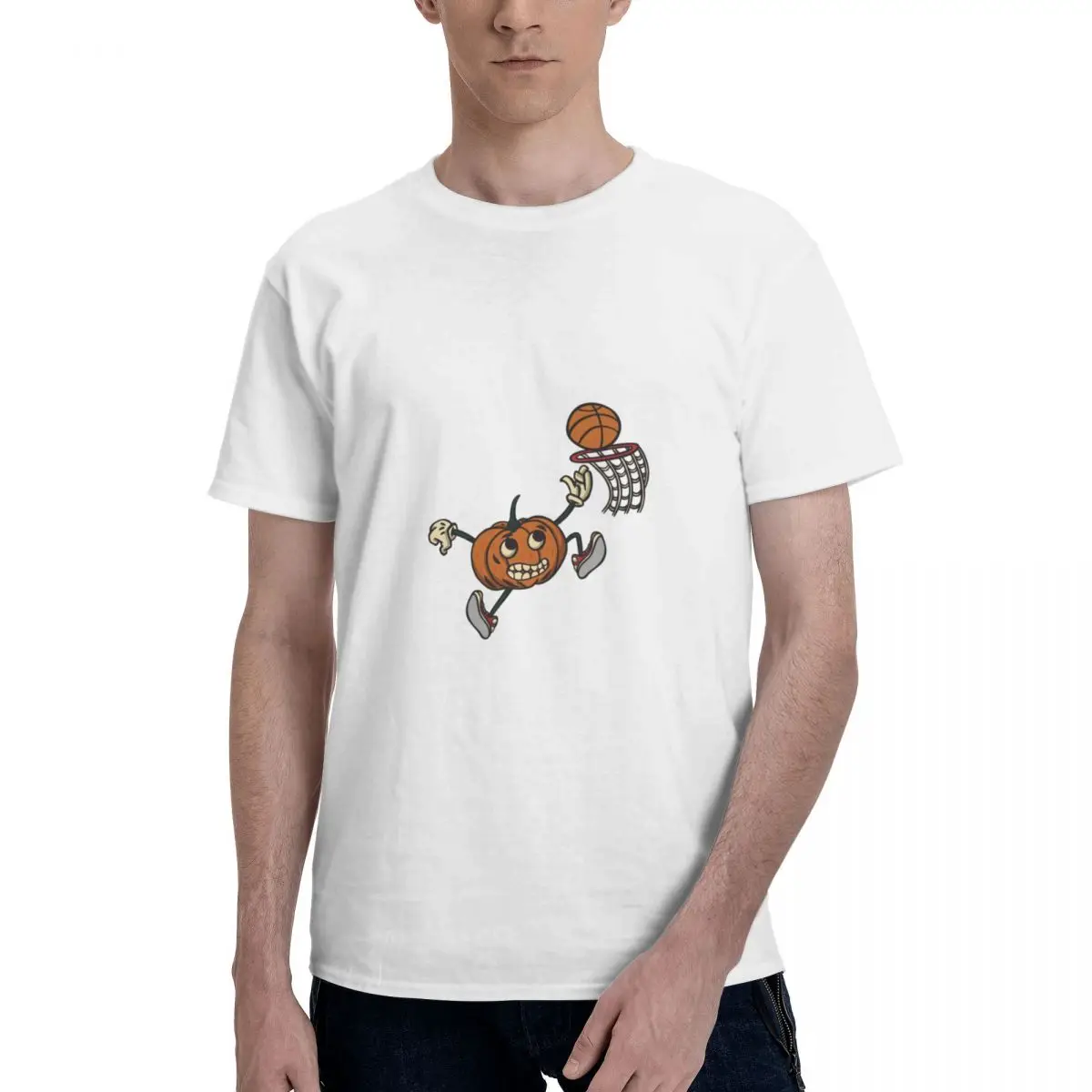 

Pumpkin Playing Basketball Cartoon T-Shirts Men Loose Cotton Cute Tops Vintage Style Tees Regular Fit Tshirts