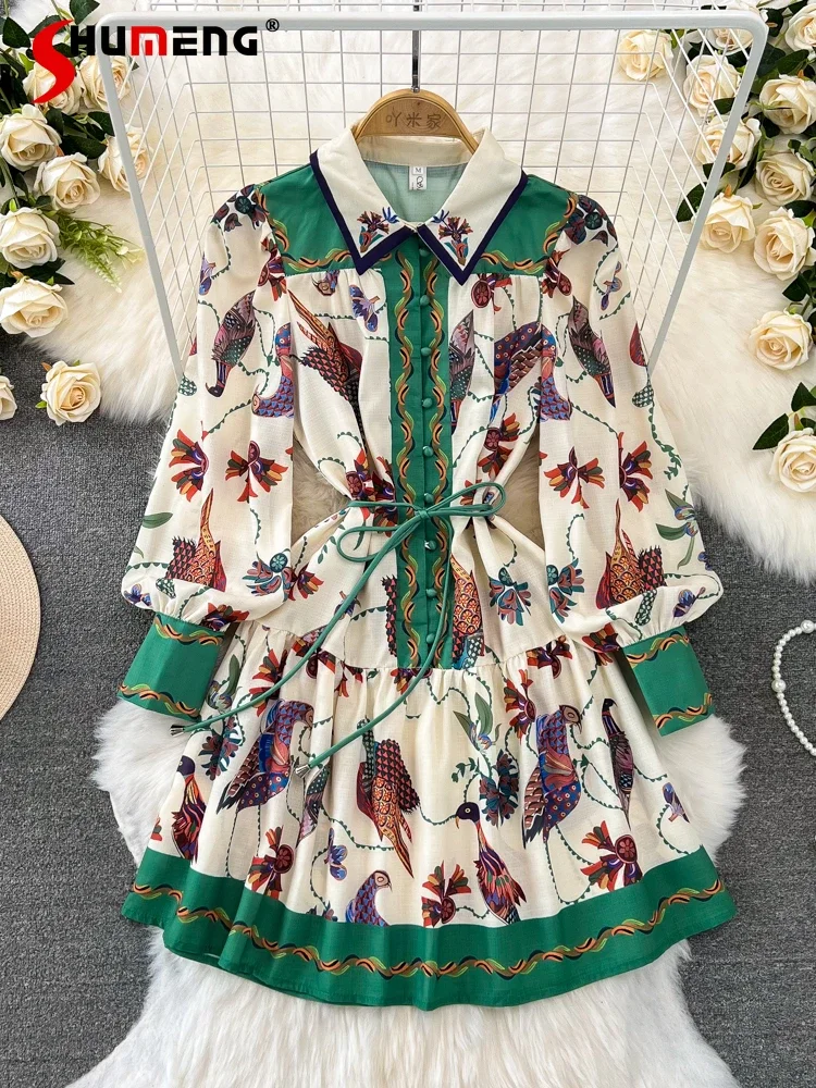 

Spring Autumn Socialite Temperament Lantern Long Sleeve Lapel Waist Tight Slimming A- line Ruffled Printing Female Dresses