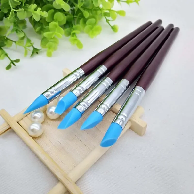 5Pcs Nail Art Pen Brushes Soft Silicone Carving Craft Supplies Pottery Sculpture UV Gel Building Clay Pencil DIY Tools Red 5