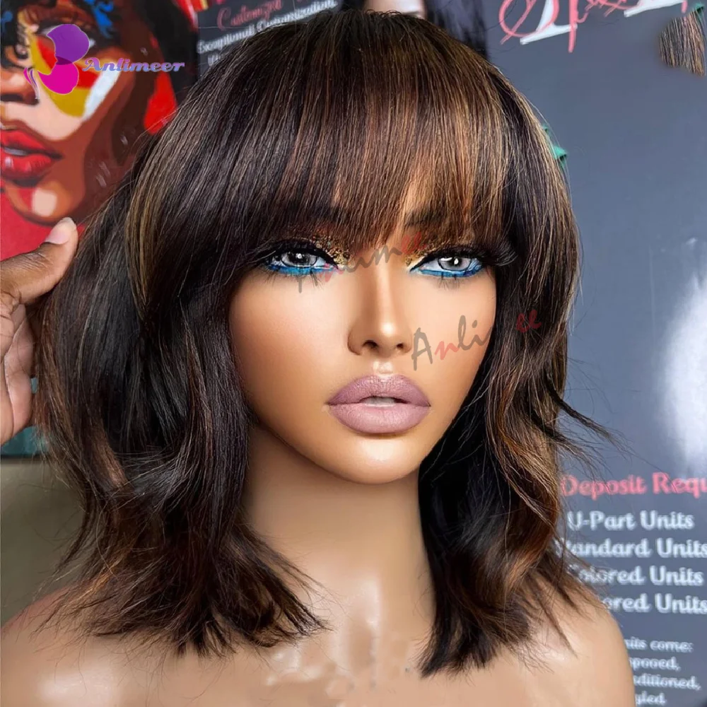 Short Bob Human Hair Wigs With Bangs Full Lace Wig 200 Density Lace Front Wigs Human Hair Wigs for Women Silk Base Brown Wig