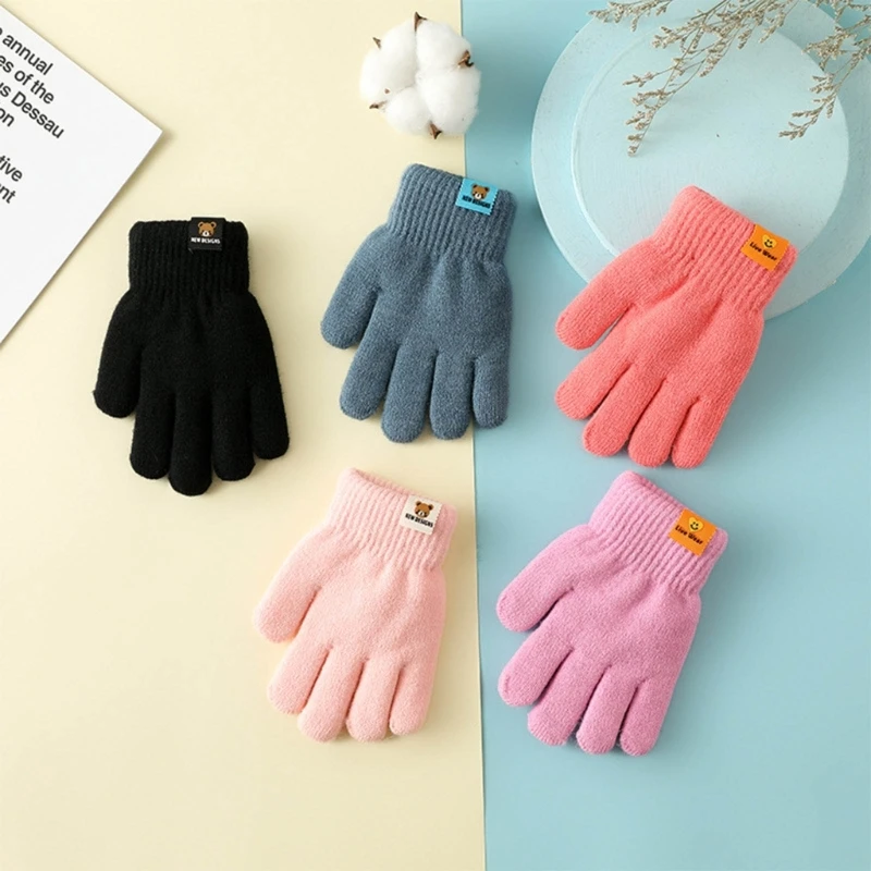 Autumn Winter Warm Knitted Baby Gloves Windproof Thermal Fleece Lining Kids Full Finger Mittens for 3-6 Year Baby Sports Gloves