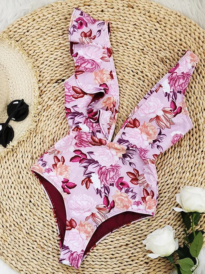 Ruffle Deep V Neck Swimsuit Flower Pattern Bathing Suits  and Skirt Beachwear Summer Women's Swimwear Vacation Sexy / New 2023