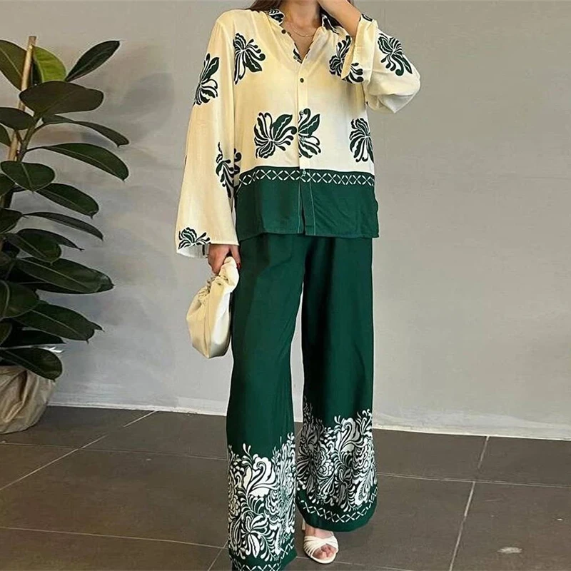 

Женский брючный костюм из 2 предметов, Повседневная Свободная рубашка с отложным воротником, на пуговицах и длинные брюки, элегантный Весенний костюм с принтом