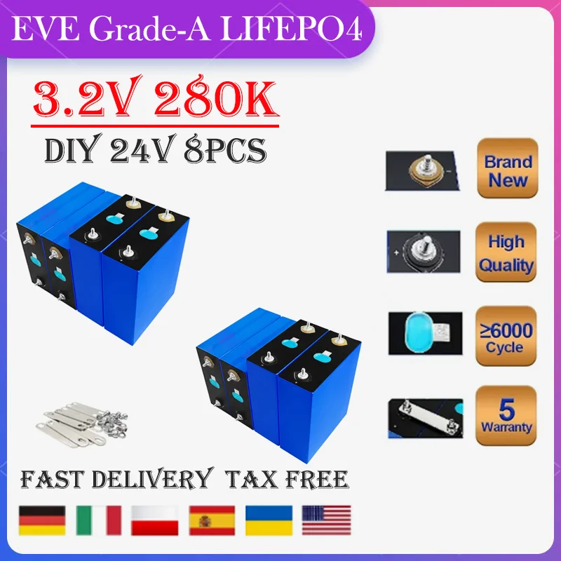 

8PCS Grade A LF280K LiFePo4 280Ah EVE 3.2v 280Ah Lithium Battery Cell Prismatic Li Ion Rechargeable lifepo4 Batterie TAX FREE