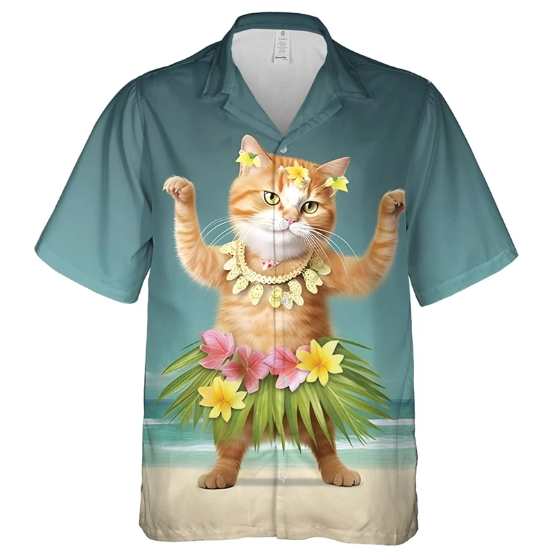 Animal Funny Cat 3d Print Shirts Men Fashion Hawaiian Clothing Shirt Short Sleeve Casual Blouses Single-Breasted Cats Man Tops 4