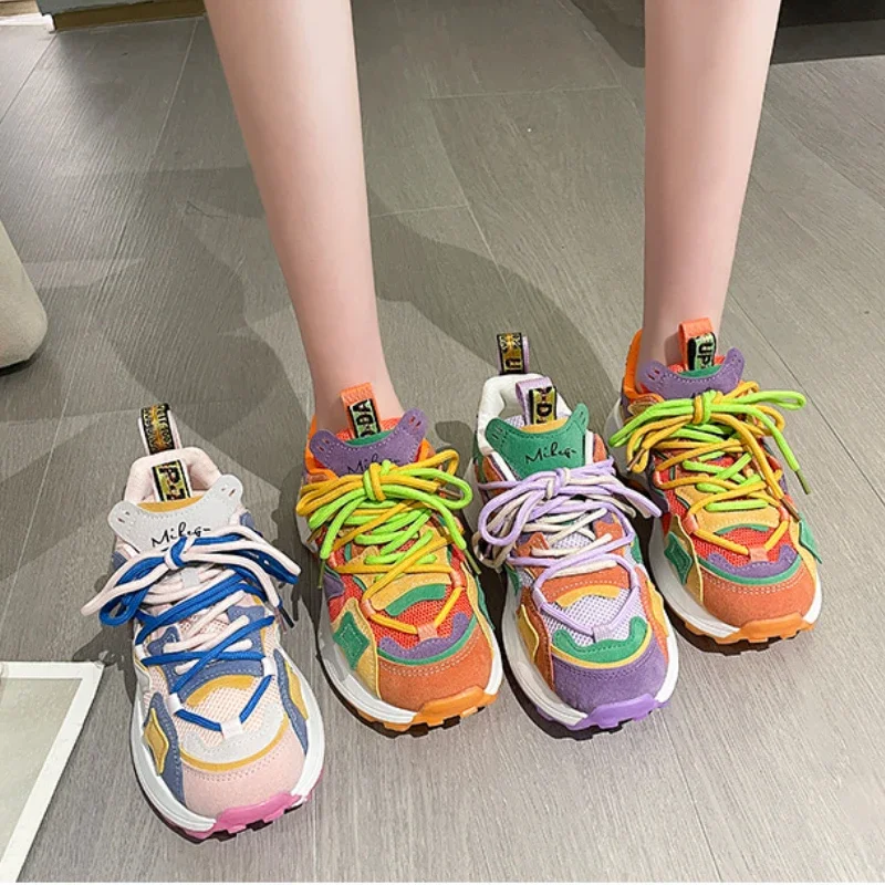 Women Fashion Rainbow Color Chunky Sneakers Women Autumn Platform