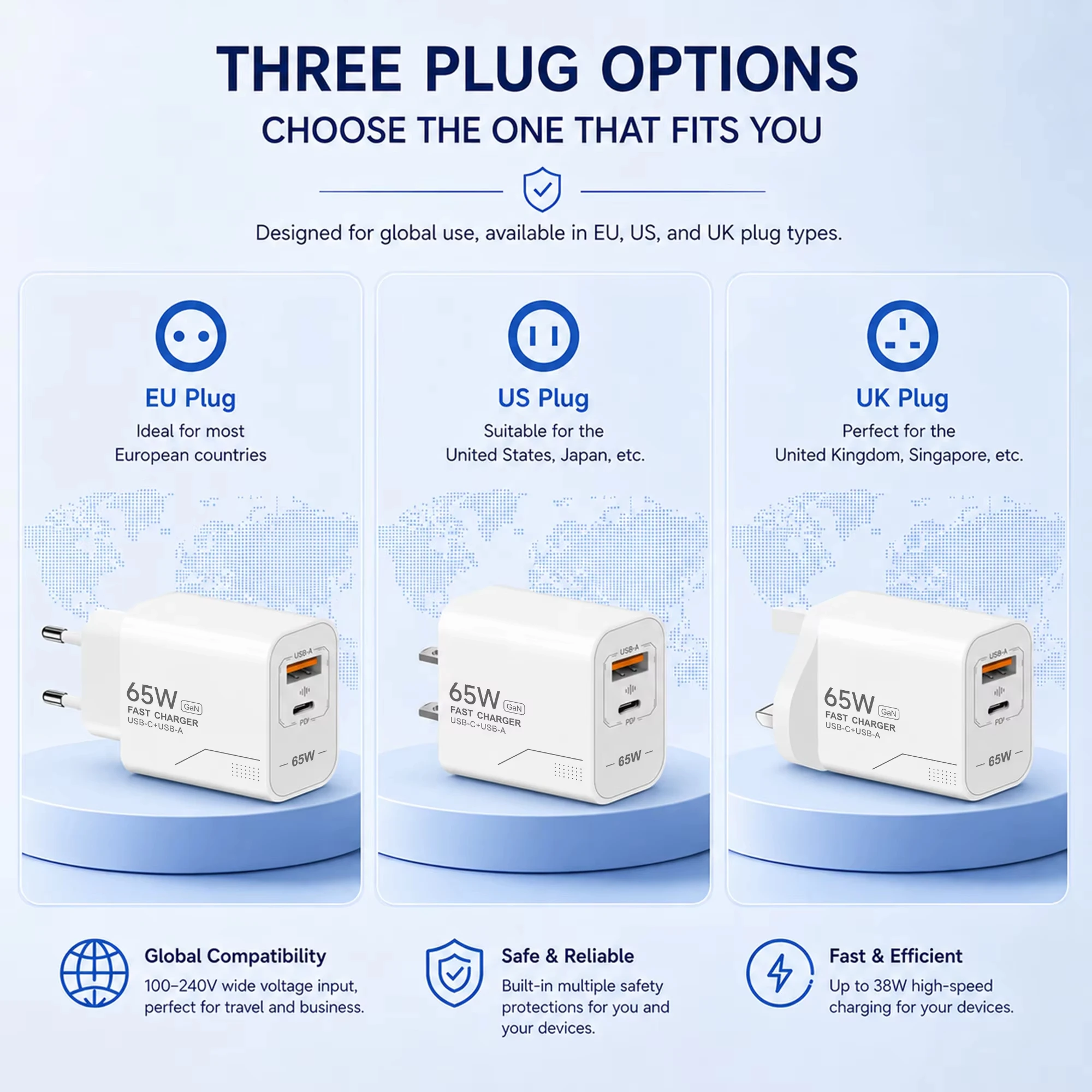 Caricatore USB C GaN da 65W a 2 porte, caricatore rapido per telefono, adattatore di alimentazione per iPhone, Samsung, Xiaomi, tipo C, con spina EU/US, caricatore da parete. - immagine 5