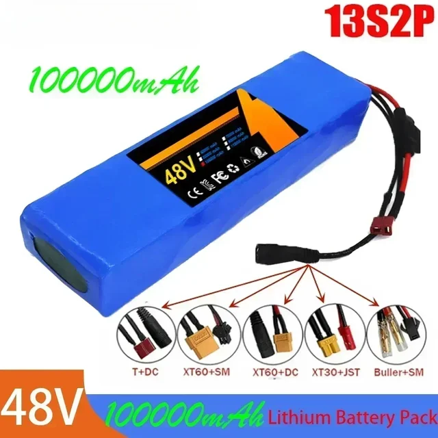 Pack de batteries lithium-ion 13S2P 48V 100000mAh 100Ah avec BMS 250W 350W 500W 750W 1000W et chargeur 54.6V gratuit 1