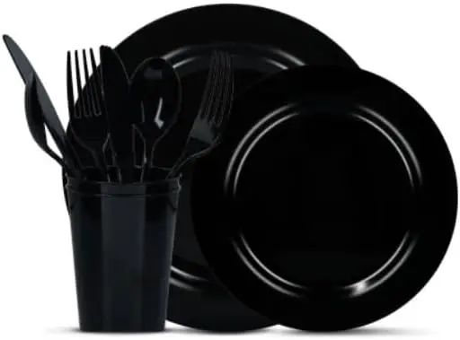 NEW Black Plastic Plates Party Supplies-150 PCS Reusable Disposable Sets of Dinner Plates Salad or Dessert Forks Spoons