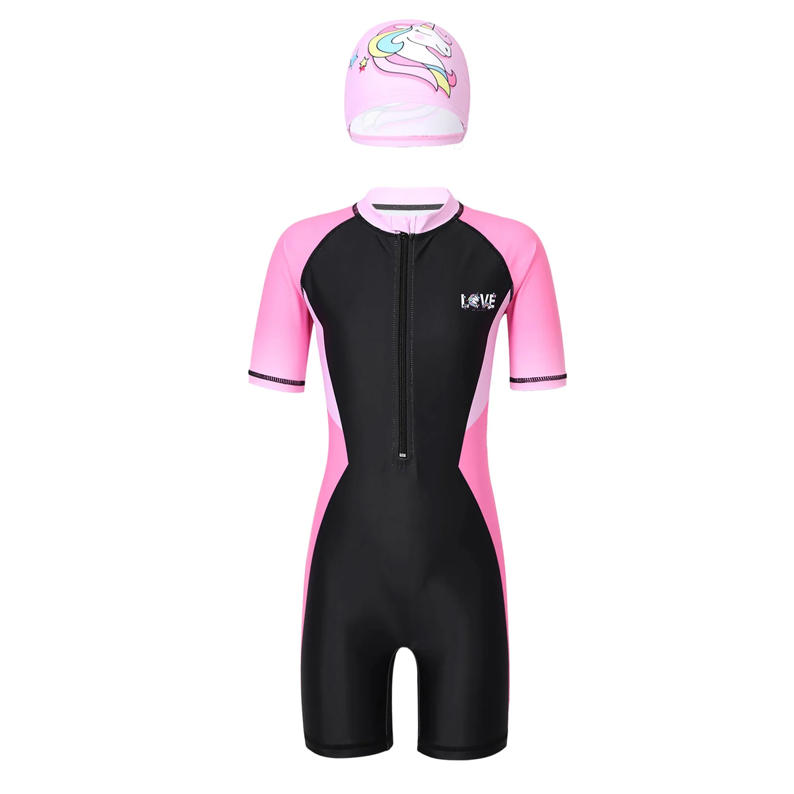 Kids Girls Swimwear Set One-piece Short Sleeves Colorblock Swimming Jumpsuit Swimwear with Hat Girls Cute Swimming Rash Guard 1