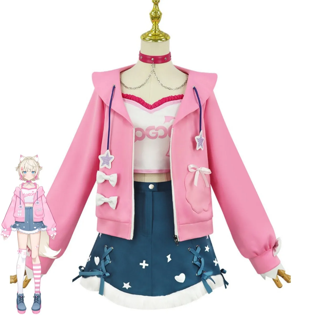 Women's Pink Hoodie Skirt Set with Wig