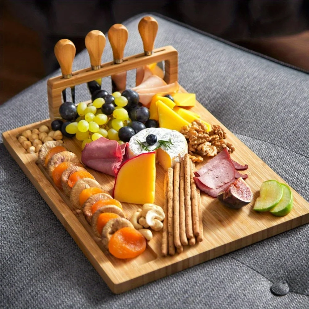 Cheese Board and Knife Set Baking Board Set and Cheese Plate with Utensil Rack Anniversary Wedding Gift Fruit Placeholder