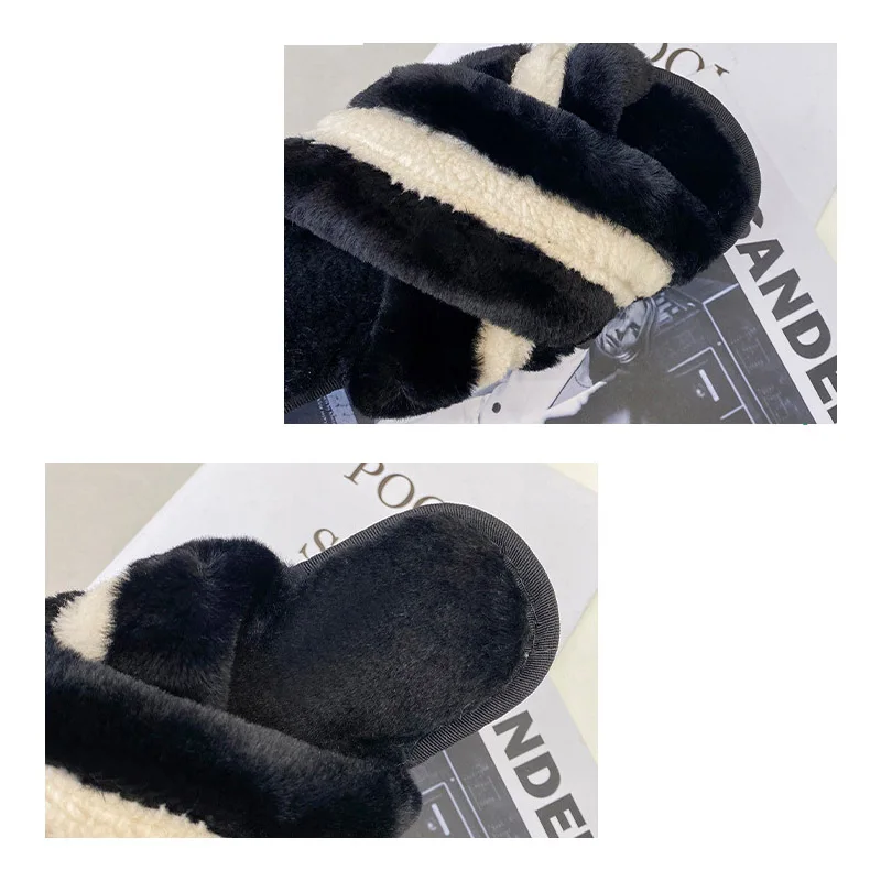 Color matching cross plush slippers women's indoor plush flat open toe cotton slippers BF10