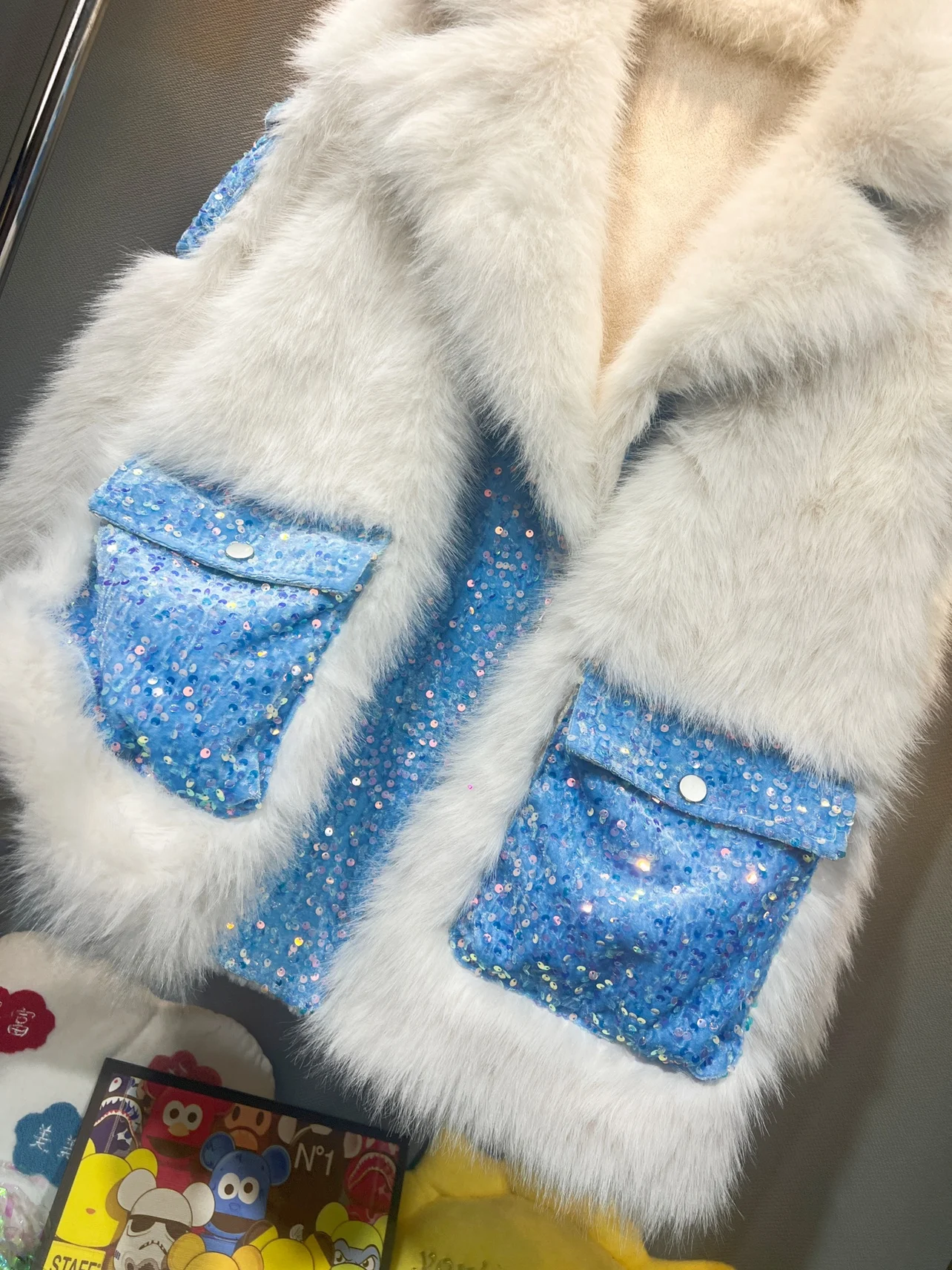 Contrast Color Sequins Pocket Thicken Women Fur Jacket Coat 2023 New Winter Mid-long Outwear Loose Long Sleeve Faux Fur Overcoat