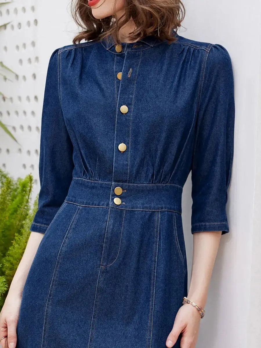 [MLB] Classic Monogram JQD Denim Dress ★大人気★ ชุดเดรส Women'S Classic Random Jacquard Monogram Denim