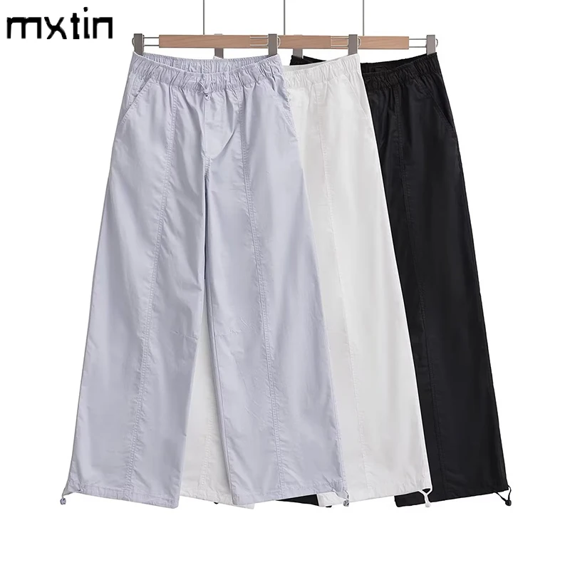 

Women Spring Fashion Loose Elastic Waist Wide Leg Pants Vintage High Waist Zipper Pockets Office Lady Female Casual Trousers