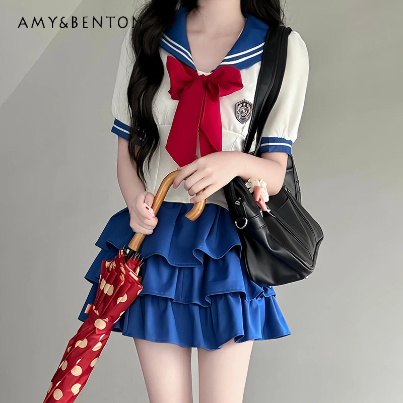 Original Sweet Girl Jk Uniform Preppy Style Navy Collar Bow Short