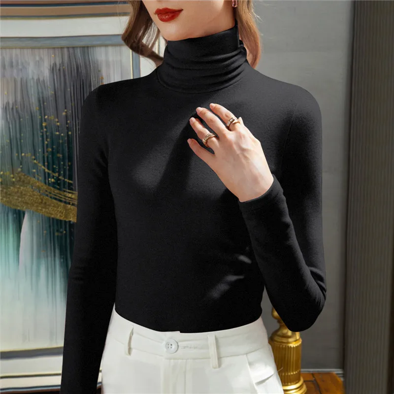 2025 Hot Fleece-Lined Slimming /Turtle Neck Top Women's Versatile Solid Color Long Sleeve T-Shirt Base Layer Autumn Winter 5